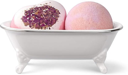 6.5" Ceramic Mini Decorative Clawfoot Bathtub Bar Soap Dish, Kitchen Sponge Holder and Shower Tray for Bathroom, 1 Pack (White Silver Rim)