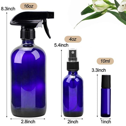 Loretoy Glass Spray Bottle Kit×10 (2×16 oz, 2×4 oz, 6×2 oz), 9×10 ml Roller Bottles, Anti UV, Multi Size and Versatile, Suitable for Aromatherapy, Facial Moisturizing, Watering, etc.(Blue