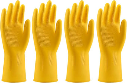 Rubber Kitchen Dishwashing Gloves - 4 Pairs Yellow Reusable Household Cleaning Gloves