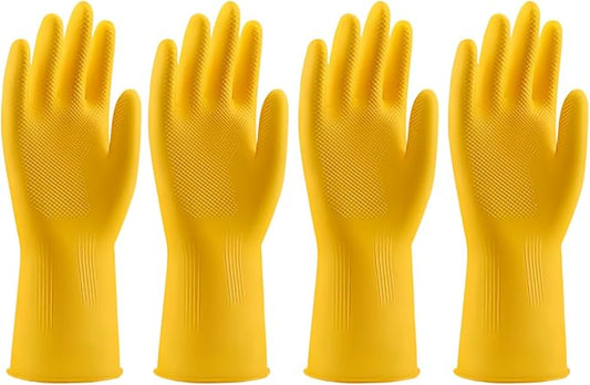Rubber Kitchen Dishwashing Gloves - 4 Pairs Yellow Reusable Household Cleaning Gloves
