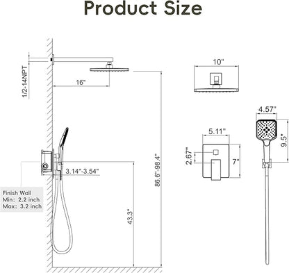 Gabrylly Shower System, 10 Inches Rain Shower Heads with Handheld Spray Combo, Wall Mounted Shower Faucets Sets Complete with Shower Valve Kit, Shower Head and Handle Set, Matte Black