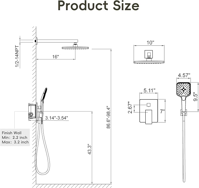 Gabrylly Shower System Gold, Wall Mounted Shower Faucet Set for Bathroom with High Pressure 10" Rain Shower head and 3-Setting Handheld Shower Head Set, 2 Way Shower Valve Kit, Brushed Gold