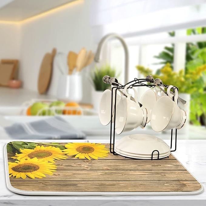 Super Absorbent Dish Drying Mat, Microfiber Fast-Drying Dish Mat, 24" x 18", Kitchen Dish Drying Pad, Sunflowers On The Wooden