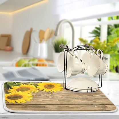 Super Absorbent Dish Drying Mat, Microfiber Fast-Drying Dish Mat, 24" x 18", Kitchen Dish Drying Pad, Sunflowers On The Wooden