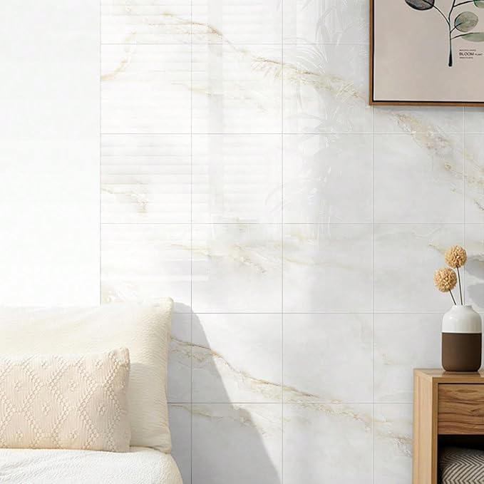 Chejiaye 10pcs Marble Peel and Stick Backsplash Waterproof Washroom Wall Panels, Peel and Stick Tile, PVC Foam Wall Panels for Kitchen,Bathroom,Living Room,Colorful (White and Yellow,11.8" x 11.8")