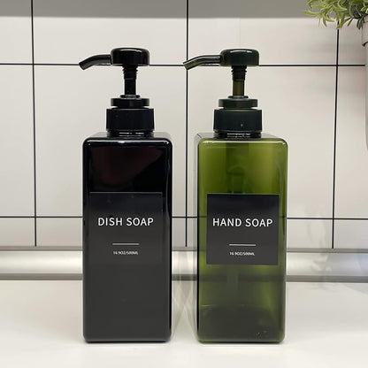 Green Soap Dispenser with Waterproof Labels, Thickened Plastic Hand Soap Dispenser for Bathroom, Kitchen Dish Washing Liquid Bottles, Shampoo and Conditioner Bottles with Funnel (16oz 2Pack Green)