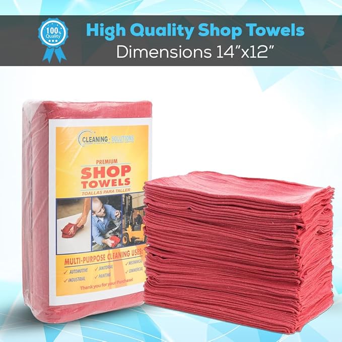 Simpli-Magic Cotton Shop Towels 14"x12" (90 Pack) – Reusable Cleaning Shop Rags for Automobiles, Industries, Garage and Homes (Red)
