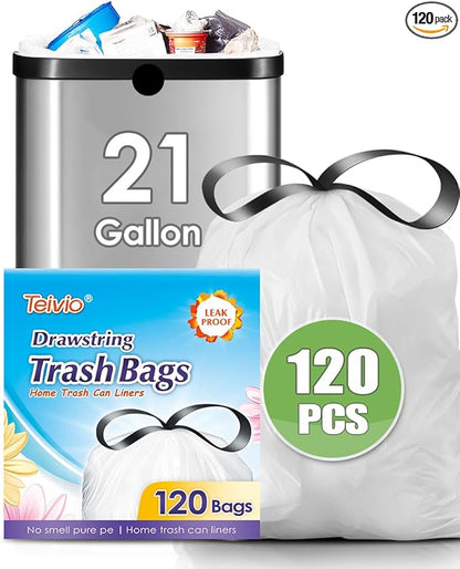 21 Gallon 120 Counts Strong Drawstring Trash Bags Garbage Bags by Teivio, Bathroom Trash Can Bin Liners, Plastic Bags for home office kitchen, White