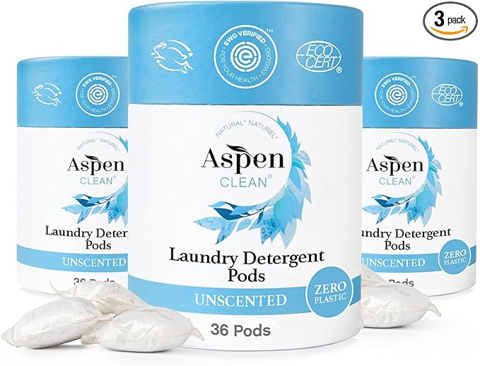 AspenClean | Laundry Pods | Unscented | Clean Detergent for Sensitive Skin | Zero Plastic | Non - Toxic | 100% Natural | EWG Verified - 36 Count (3 Pack)