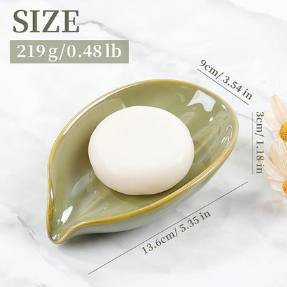 Soap Holder, Self-Draining Soap Dish, Leaf Shape Ceramic Green Bar Soap Holder Drain Soap Dishes for Bathroom Sink Kitchen, Easy to Clean Keeps Soap Dry, ANTIS'S HOME
