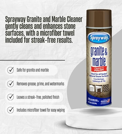 Sprayway Granite and Marble Cleaner 19 oz Spray Bundle with Microfiber Cloth – Cleans and Polishes Natural Stone Surfaces – Granite Countertop Cleaner – Gift Set (2 Items)