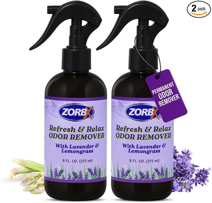 ZORBX Refresh & Relax Odor Remover Spray with Lavender & Lemongrass 8 Oz (Pack of 2) – Permanent Solution Room Freshener & Air Freshener Spray for Home, Bathroom, Furniture, Carpet, Car, Gym & Laundry