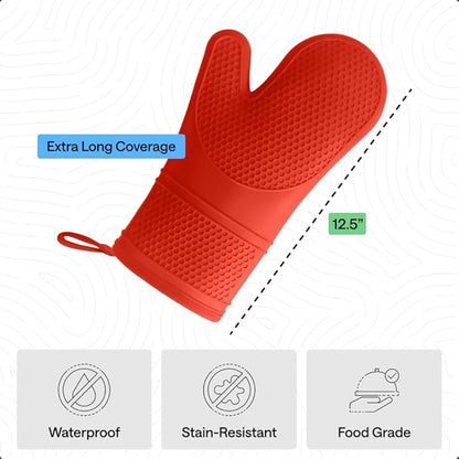 GORILLA GRIP BPA-Free Soft Silicone Oven Mitts, Heat Resistant and Waterproof Cooking Gloves, Thick Cotton Lining, Flexible Gripping for Baking Grilling, Kitchen Potholders Set of 2, 12.5x8.3, Coral