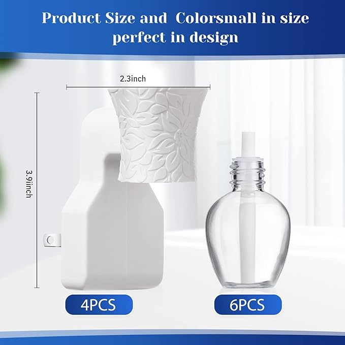 Sratte 4 Pieces Plug in Essential Oil Diffuser 6 Pieces Empty Bottles for Spreading Scent Aromatherapy Essential Oils Home Bedroom Room Air Freshener Wall Diffuser