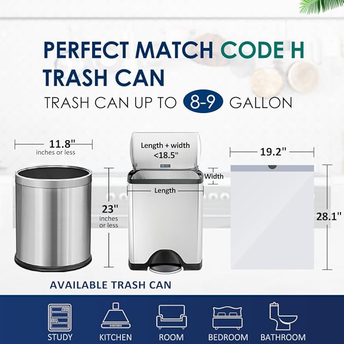 8-9 Gallon Plastic Drawstring Trash Bags 250 Counts, Compatible with Simplehuman Code H, 30-45 Liter Medium Kitchen Garbage Bags, White Trash Can Liners