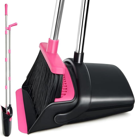 Broom and Dustpan Set, Long Handle Lightweight Dustpans with Broom Combo for Home, Indoor&Outdoor Sweeping for Home Room Kitchen Office Lobby (Black Pink)