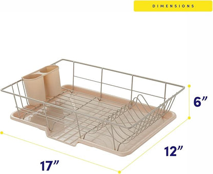 Sweet Home Collection Space-Saving 3-Piece Dish Drainer Rack Set: Efficient Kitchen Organizer for Quick Drying and Storage - Includes Cutlery Holder and Drainboard - Maximize Countertop Space, Beige