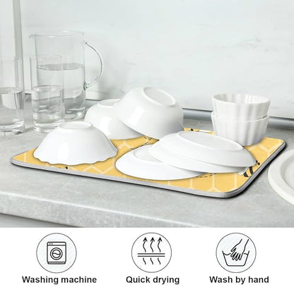 Funny Bees Honey Dish Drying Mat 18x24 for Kitchen Counter Yellow Bumblebee Beehive Dishes Pad Absorbent Fast Dry Dish Draining Mats Large Kitchen Accessories