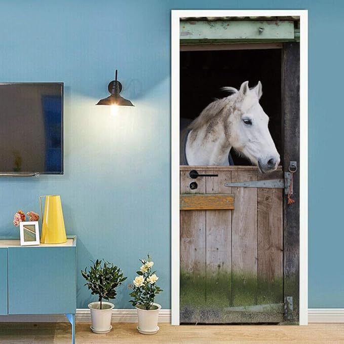 3D Door Stickers Murals - Horse Peel and Stick Wallpaper Self-Adhesive Decals Removable PVC Waterproof Poster for Bedroom Living Room 34.6" x 78.7"