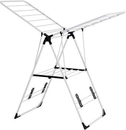 GOFLAME Steel Clothes Drying Rack with Adjustable Wings, Foldable Gullwing Collapsible Laundry Drying Rack with Shoe Holder and Shelves, Space Saving Drying Rack for Underwear, Socks, Pants