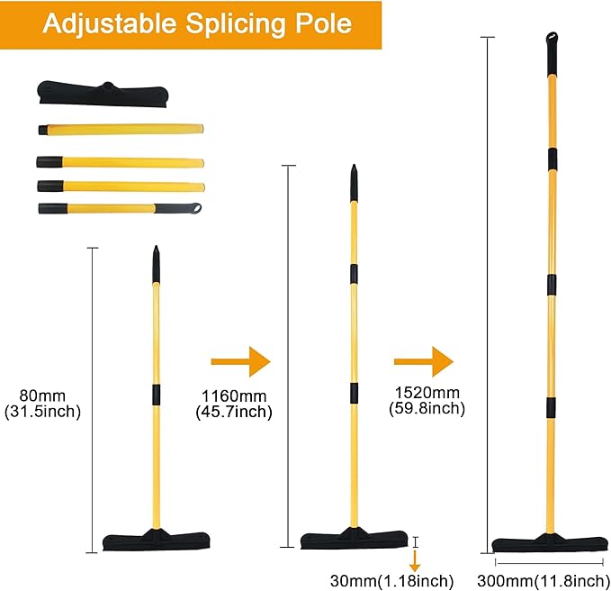 Push Broom,Pet Hair Removal Broom with Squeegee,Soft Silicone Bristle Broom with Long Handle,Non Scratch Carpet Sweeper Brush for Cat Dog Hair Hardwood(Orange) Extra Long for Tall People