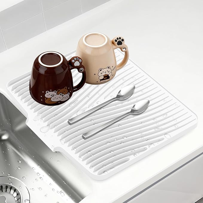 Silicone Dish Drying Mat for Kitchen Counter, Non-Slip Drain Pad, Dish Drying Pad, Easy to Clean Dish Rack Pad, Multi-Use as Heat Resistant Trivet, 15.8" x 13" , Ivory