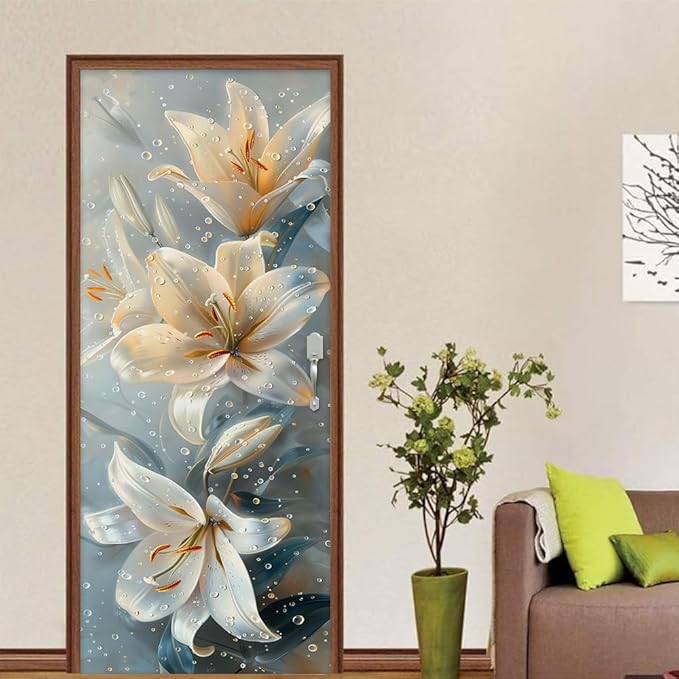 REDAMANCY Modern White Yellow Lily Floral Peel and Stick Door Stickers Vinyl 3D Door Mural Decals Decor Wallpaper Self-Adhesive, Waterproof, Removable
