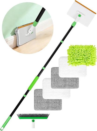 4-in-1 Baseboard Cleaning Tool with Handle 5 Reusable Pads 1 Stiff Bristle Brush Carpet Rake for Pet Hair Removal Baseboard Cleaner Carpet Windows Wall Floor Bathroom Kitchen
