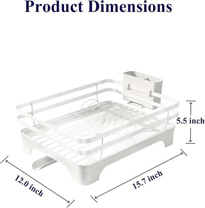 Kitsure Dish Drying Rack - Multi-Functional Dish Rack for Kitchen Counter with Cutlery Holder, Rust-Proof Storage Solution with Rotatable, 15.7" x 12.0" x 5.5", White