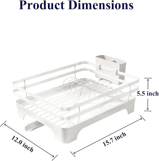 Kitsure Dish Drying Rack - Multi-Functional Dish Rack for Kitchen Counter with Cutlery Holder, Rust-Proof Storage Solution with Rotatable, 15.7" x 12.0" x 5.5", White