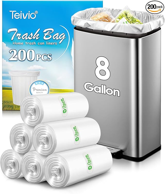 8 Gallon 200 Counts Unscented Medium Trash Bags,Fit 7,8,9,10 Gal Garbage Bags by Teivio, 30 Liter Thick Bathroom Can Bin Liners,Plastic Bags for Home Office Kitchen, Clear