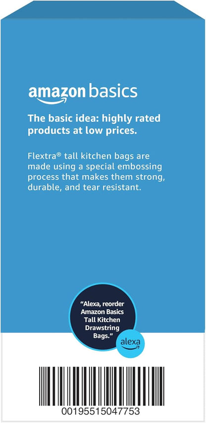 Amazon Basics 13 Gallon Tall Kitchen Drawstring Trash Bags, Flextra Strength, Clean Fresh Scent, Tear Resistant, 0.9 mil Thickness, 10% Post Consumer Recycled, 120 Count