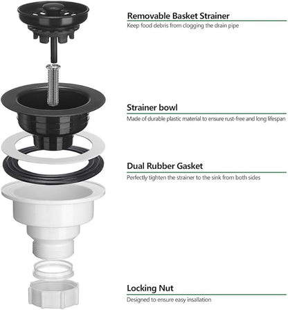 Serene Valley 3-1/2 inch Kitchen Sink Strainer Assembly with Stopper for Matching Color of Granite or Fireclay Sinks (Black)