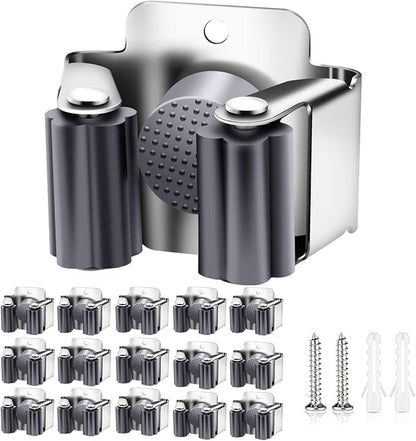 Verdenu 15 Pack Broom Holder Wall Mount, Mop and Broom Holder Wall Mount, Stainless Steel Command Broom Holder with Screws, Garden Tool Storage Organizer for Kitchen, Home, Bathroom, Garage, Grey