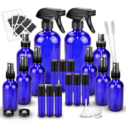 Loretoy Glass Spray Bottle Kit×10 (2×16 oz, 2×4 oz, 6×2 oz), 9×10 ml Roller Bottles, Anti UV, Multi Size and Versatile, Suitable for Aromatherapy, Facial Moisturizing, Watering, etc.(Blue
