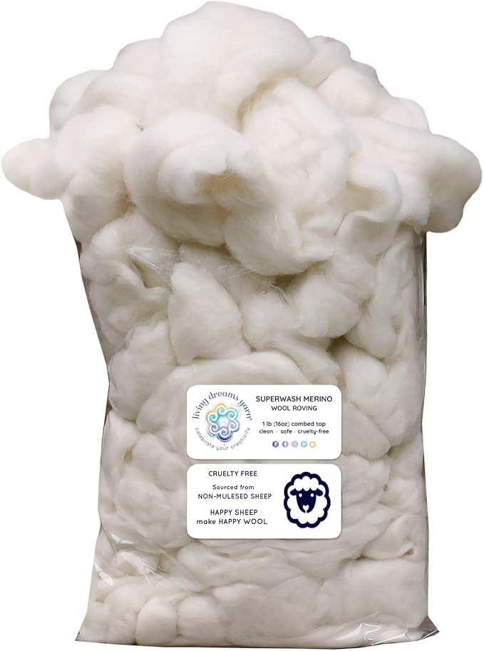 SUPERWASH MERINO Wool Roving. Ethically & Responsibly Sourced Fiber for Spinning, Blending, Filling and Stuffing - 1 LB Bag, Natural White Combed Top