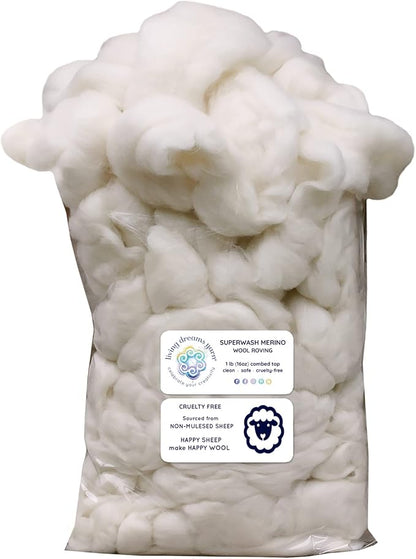 SUPERWASH MERINO Wool Roving. Ethically & Responsibly Sourced Fiber for Spinning, Blending, Filling and Stuffing - 1 LB Bag, Natural White Combed Top