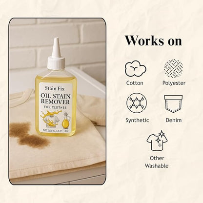Oil Stain Remover for Clothes (8.72oz) - Fabric Stain Remover For Cooking, Engine, Dried Oil And Grease Stains - Safe for All Fabric Types
