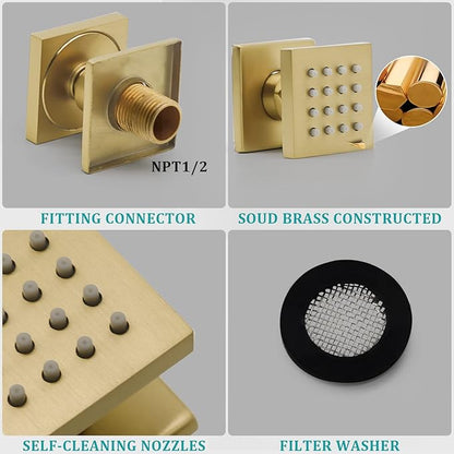 Brushed Gold 4 Pack HOMEDEC 2inch Brass Square Massage Shower Body Sprayer Jets