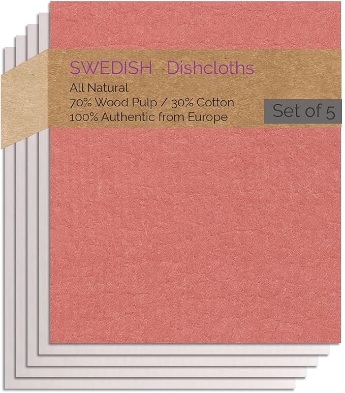 SWEDEdishcloths - Cellulose Sponge Dish Towels - Set of 5 (1 Red 4 Natural) Swedish Dish Cloths