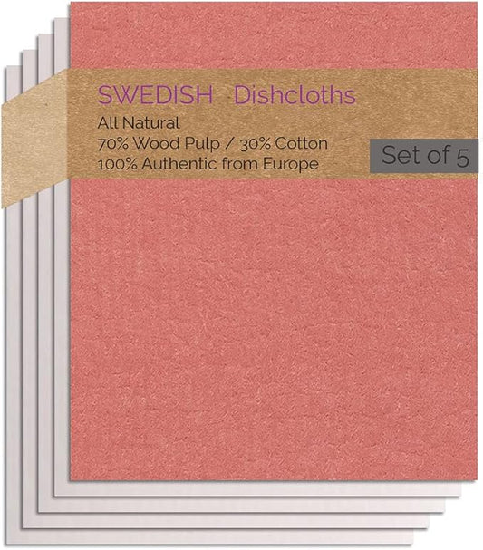 SWEDEdishcloths - Cellulose Sponge Dish Towels - Set of 5 (1 Red 4 Natural) Swedish Dish Cloths