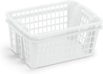 DecorRack Plastic Storage Basket, 13L Bathroom Storage Organizer Bin for Laundry Closet, Pantry or Office with Built In Handles, White (2 Pack)