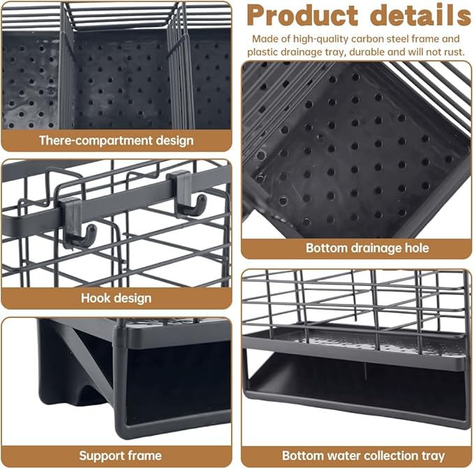 3-Compartment Dish Drying Rack for Kitchen, Carbon Steel Utensil Holder with Drain Tray, Utensil Caddy Organizer for Knives, Forks, Spoons, Chopsticks, Wall Mount or Countertop (Charcoal Grey)