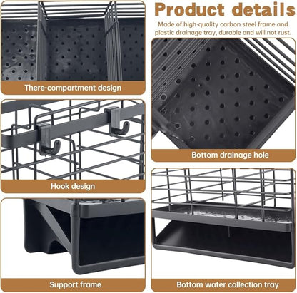 3-Compartment Dish Drying Rack for Kitchen, Carbon Steel Utensil Holder with Drain Tray, Utensil Caddy Organizer for Knives, Forks, Spoons, Chopsticks, Wall Mount or Countertop (Charcoal Grey)
