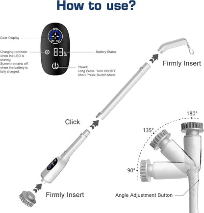 Electric Spin Scrubber, 200Mins Runtime Bathroom Scrubber with 3-Speed & LCD Display, 53IN Extendable Handle, Full-Body IPX7 Shower Scrubber with 8 Heads for Bathtub Kitchen Floor Grout