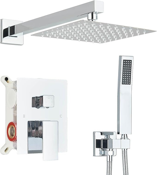 Shower Faucet Polished Chrome Shower System with 8 Inches Rain Shower Head and Handheld Spray Bathroom Luxury Rain Shower Faucet Set Complete Wall Mounted
