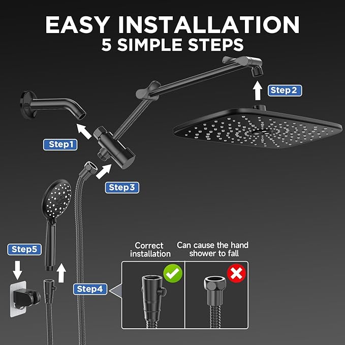 Veken Wide High Pressure Rain Shower Head with Handheld, Handheld Shower Heads with Multi Spray Modes, Rainfall Combo with 15" Metal Extension Arm, Detachable Dual Shower, 1.8GPM, Matte Black