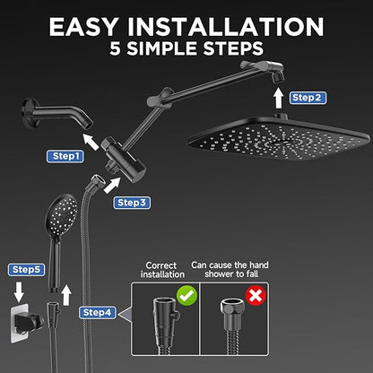 Veken Wide High Pressure Rain Shower Head with Handheld, Handheld Shower Heads with Multi Spray Modes, Rainfall Combo with 15" Metal Extension Arm, Detachable Dual Shower, 1.8GPM, Matte Black