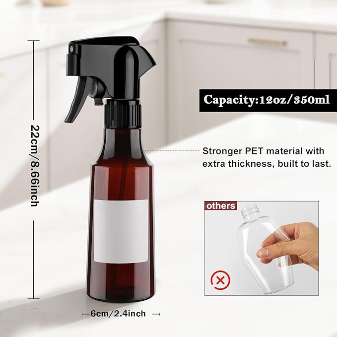 Plastic Spray Bottles 12oz Continuous Spray Bottle Mist Spraying Heavy Duty Empty Water Spray Bottles for Hair, Cleaning Solutions, Plants，Essential Oils (Brown-1pcs)