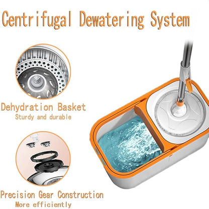 Spin Mop Bucket with Wringer System Extended Mop Handle 61＂Mop and Bucket for Floors Cleaning with 5 Replacement Head Refill 1 Cleaning Brush Head